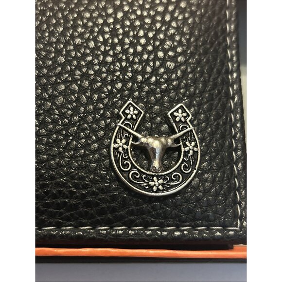 Western Mens Bifold Wallet Black Genuine Leather Longhorn Horeshoe Concho Cowboy - Picture 2 of 12